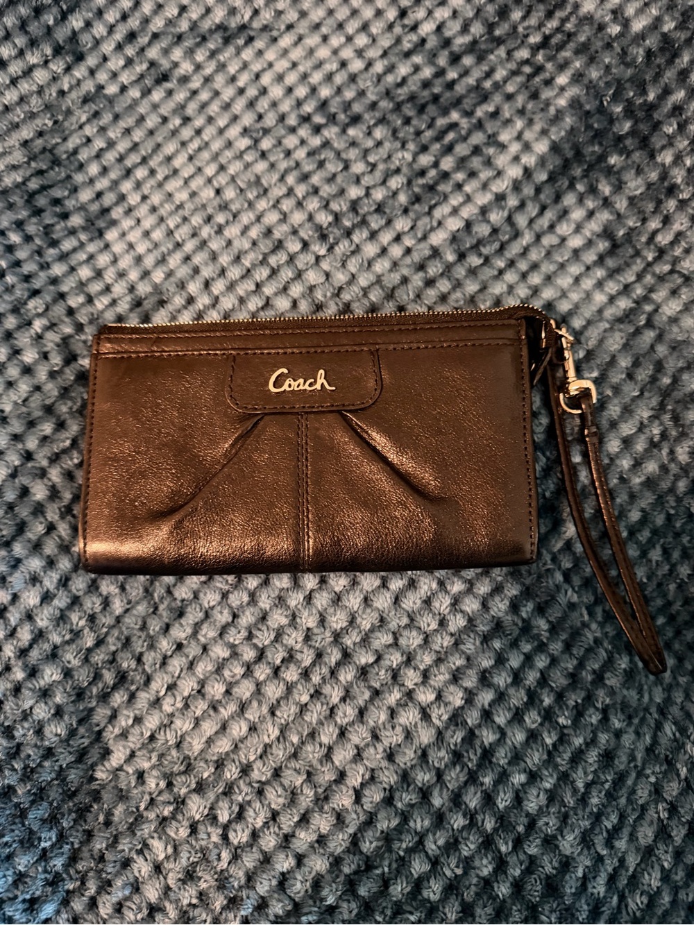 Coach Black Leather Wristlet Clutch with Logo Detail